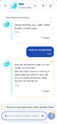 MioSync AI companion chat replying in Hinglish with a daily plan