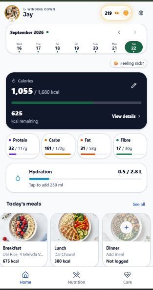MioSync interactive home screen with calorie rings, macro cards, hydration tracker and meal slots