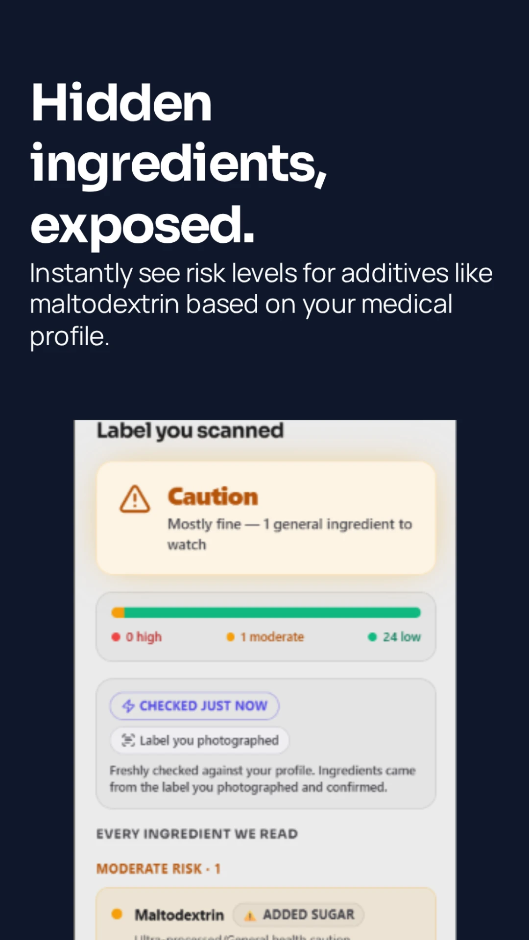 MioSync scanned label result showing a Caution verdict and per-ingredient risk levels