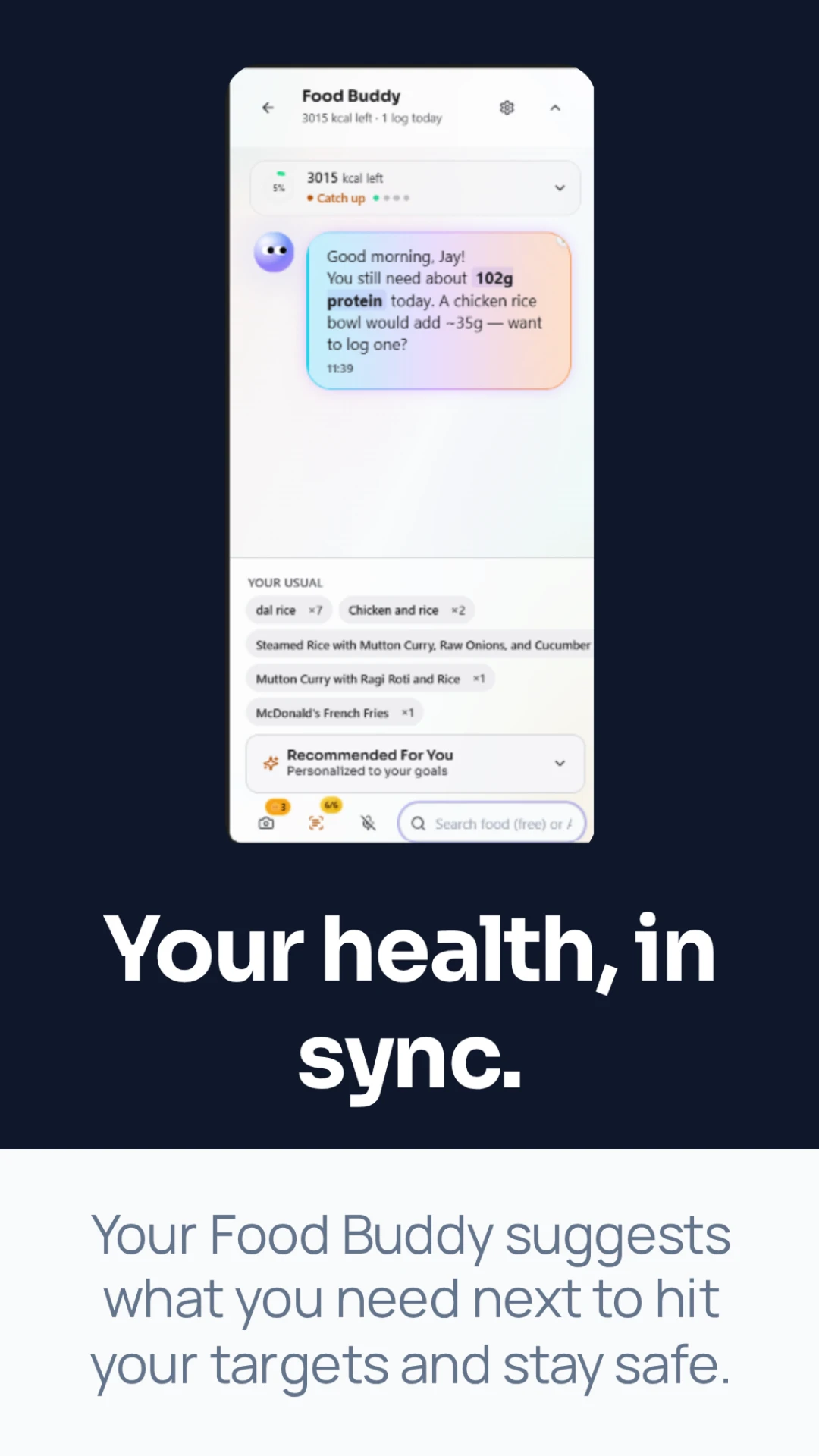 MioSync Food Buddy chat suggesting what to eat next to hit protein targets