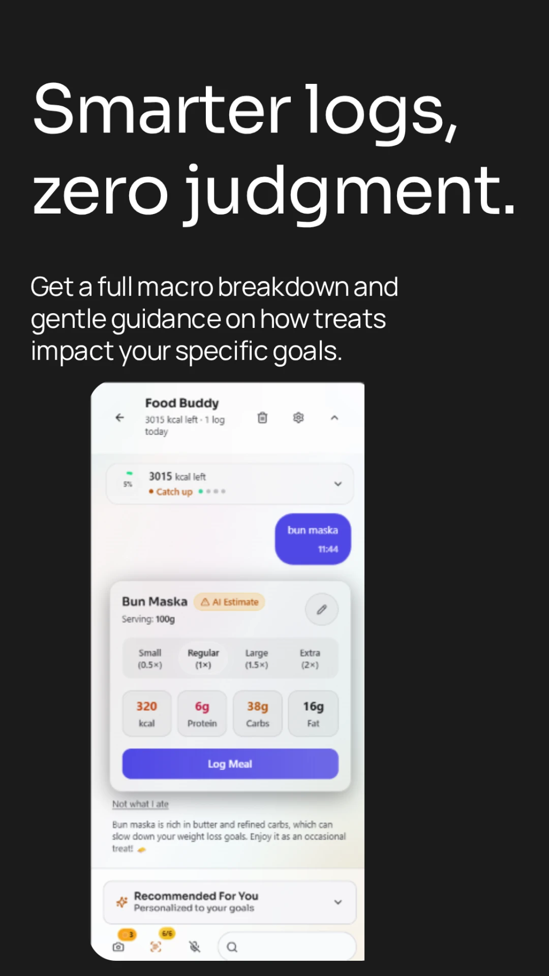 MioSync food log showing macro breakdown for a logged meal